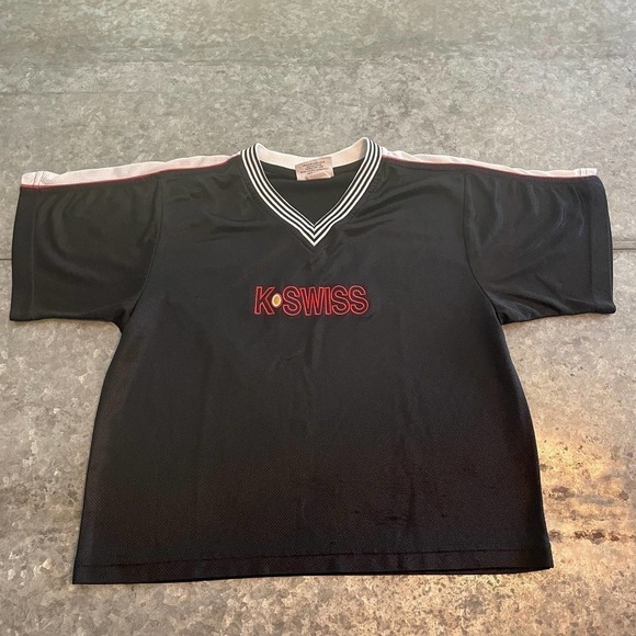 Vintage K-Swiss Jersey Shirt Womens Small Medium USA V-Neck Embroidered Black - Picture 1 of 14